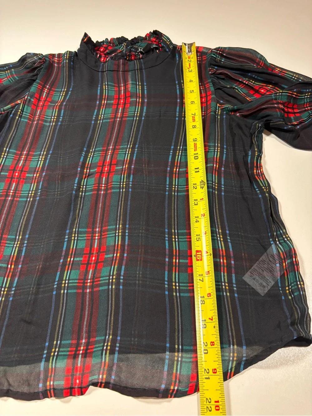 J.Crew Ruffleneck Top Stewart Tartan Chiffon XS Plaid Holiday Red Green Sheer